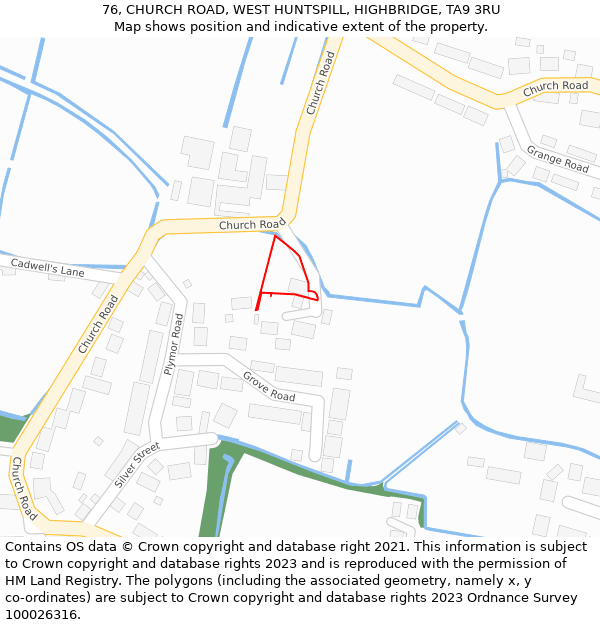 76, CHURCH ROAD, WEST HUNTSPILL, HIGHBRIDGE, TA9 3RU: Location map and indicative extent of plot