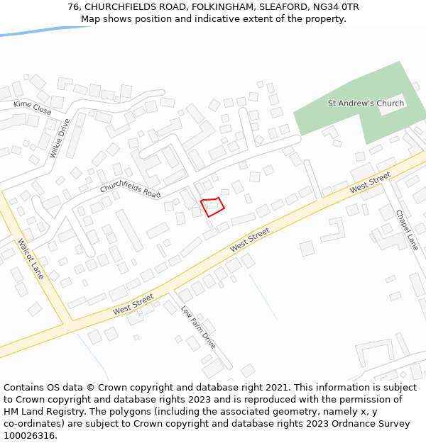 76, CHURCHFIELDS ROAD, FOLKINGHAM, SLEAFORD, NG34 0TR: Location map and indicative extent of plot