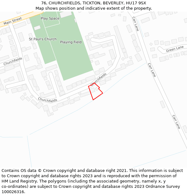 76, CHURCHFIELDS, TICKTON, BEVERLEY, HU17 9SX: Location map and indicative extent of plot