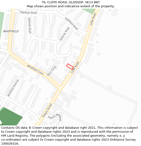 76, CLIFFE ROAD, GLOSSOP, SK13 8NT: Location map and indicative extent of plot