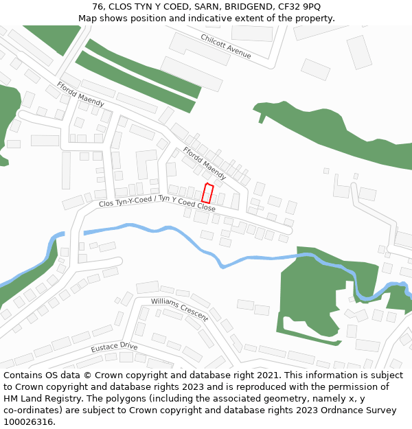 76, CLOS TYN Y COED, SARN, BRIDGEND, CF32 9PQ: Location map and indicative extent of plot