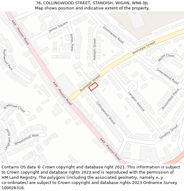 76, COLLINGWOOD STREET, STANDISH, WIGAN, WN6 0JL: Location map and indicative extent of plot