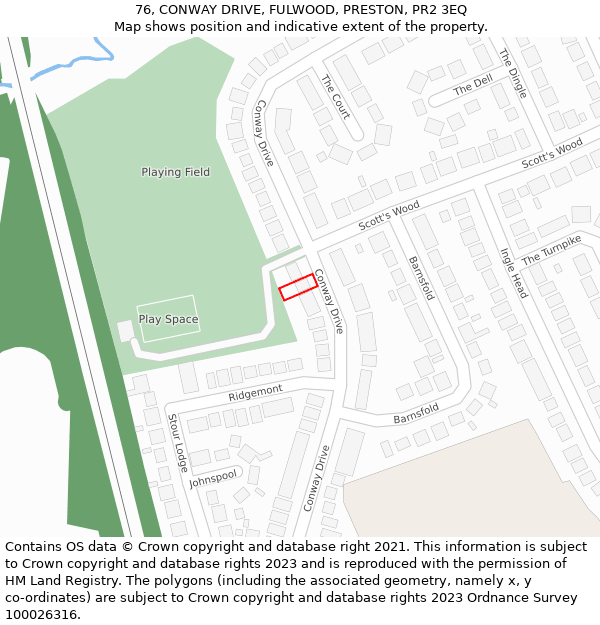 76, CONWAY DRIVE, FULWOOD, PRESTON, PR2 3EQ: Location map and indicative extent of plot