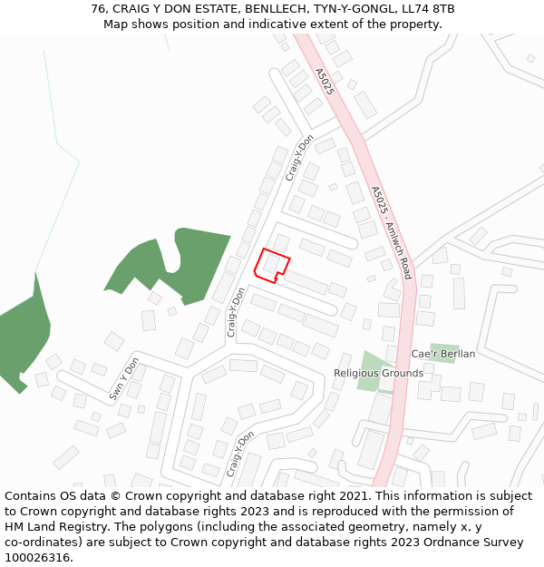 76, CRAIG Y DON ESTATE, BENLLECH, TYN-Y-GONGL, LL74 8TB: Location map and indicative extent of plot