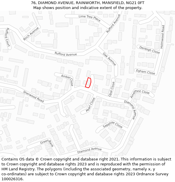 76, DIAMOND AVENUE, RAINWORTH, MANSFIELD, NG21 0FT: Location map and indicative extent of plot