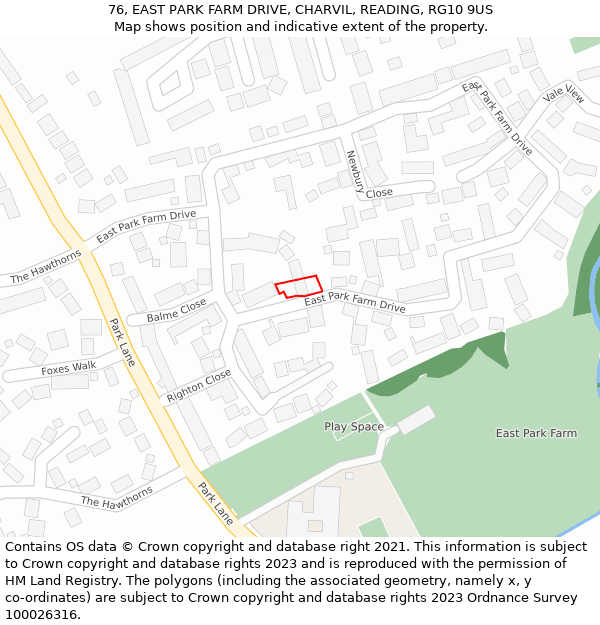 76, EAST PARK FARM DRIVE, CHARVIL, READING, RG10 9US: Location map and indicative extent of plot