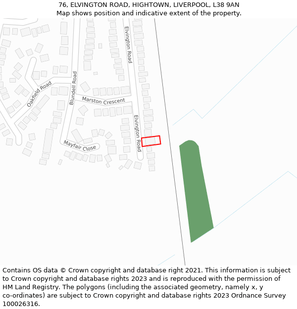 76, ELVINGTON ROAD, HIGHTOWN, LIVERPOOL, L38 9AN: Location map and indicative extent of plot