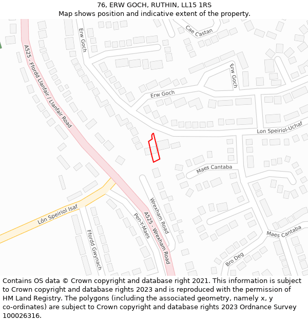 76, ERW GOCH, RUTHIN, LL15 1RS: Location map and indicative extent of plot