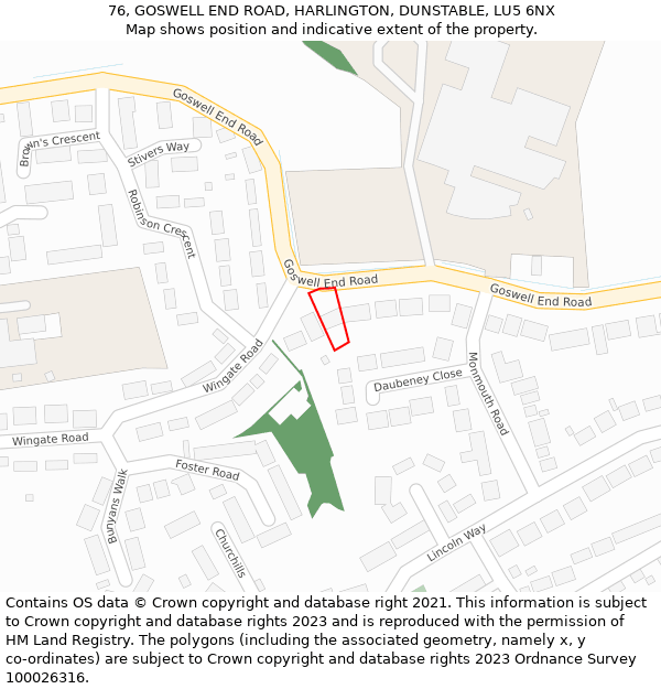76, GOSWELL END ROAD, HARLINGTON, DUNSTABLE, LU5 6NX: Location map and indicative extent of plot
