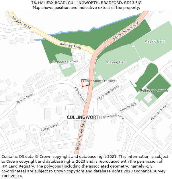 76, HALIFAX ROAD, CULLINGWORTH, BRADFORD, BD13 5JG: Location map and indicative extent of plot
