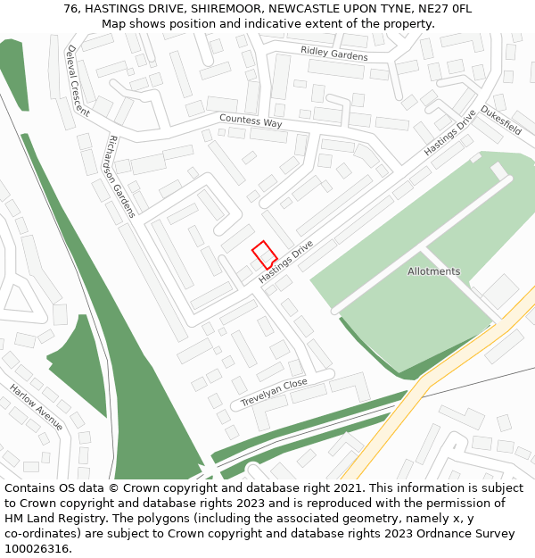76, HASTINGS DRIVE, SHIREMOOR, NEWCASTLE UPON TYNE, NE27 0FL: Location map and indicative extent of plot