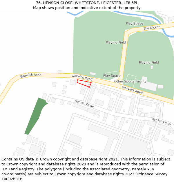 76, HENSON CLOSE, WHETSTONE, LEICESTER, LE8 6PL: Location map and indicative extent of plot