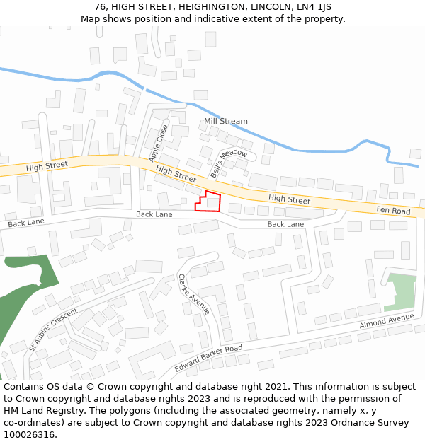 76, HIGH STREET, HEIGHINGTON, LINCOLN, LN4 1JS: Location map and indicative extent of plot