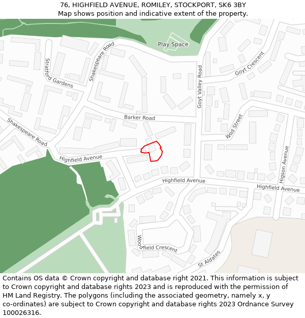 76, HIGHFIELD AVENUE, ROMILEY, STOCKPORT, SK6 3BY: Location map and indicative extent of plot