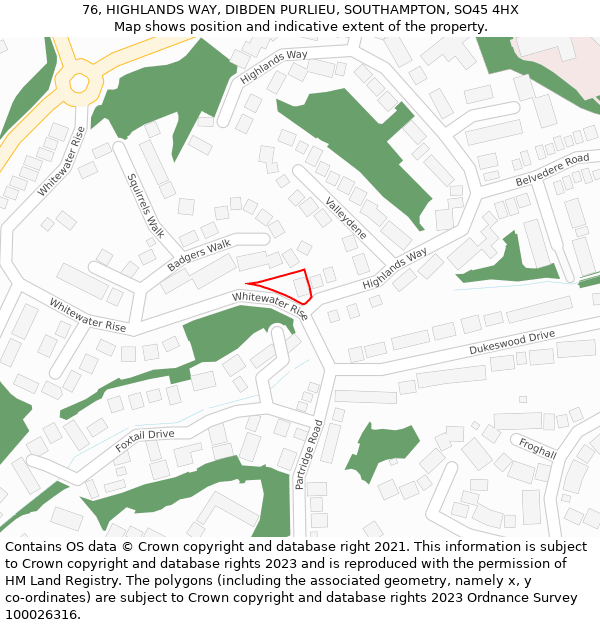 76, HIGHLANDS WAY, DIBDEN PURLIEU, SOUTHAMPTON, SO45 4HX: Location map and indicative extent of plot