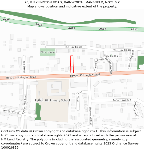 76, KIRKLINGTON ROAD, RAINWORTH, MANSFIELD, NG21 0JX: Location map and indicative extent of plot