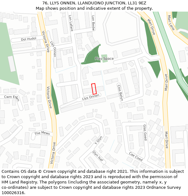 76, LLYS ONNEN, LLANDUDNO JUNCTION, LL31 9EZ: Location map and indicative extent of plot