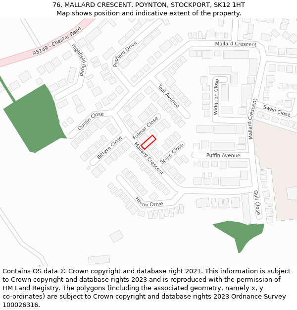 76, MALLARD CRESCENT, POYNTON, STOCKPORT, SK12 1HT: Location map and indicative extent of plot