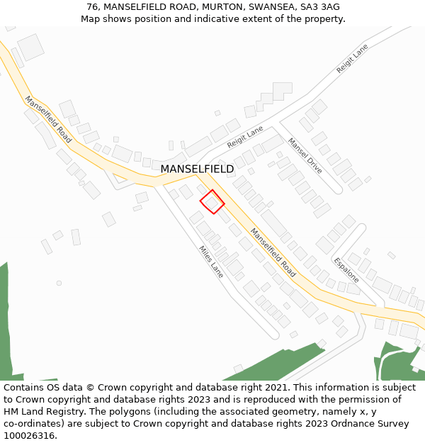 76, MANSELFIELD ROAD, MURTON, SWANSEA, SA3 3AG: Location map and indicative extent of plot