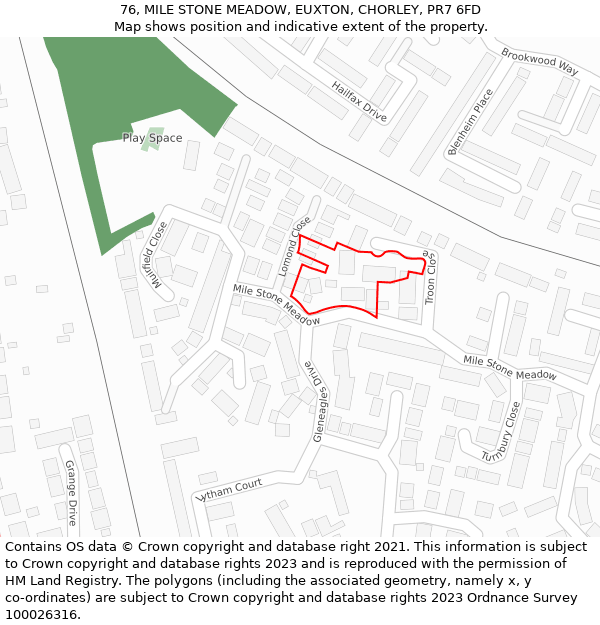 76, MILE STONE MEADOW, EUXTON, CHORLEY, PR7 6FD: Location map and indicative extent of plot