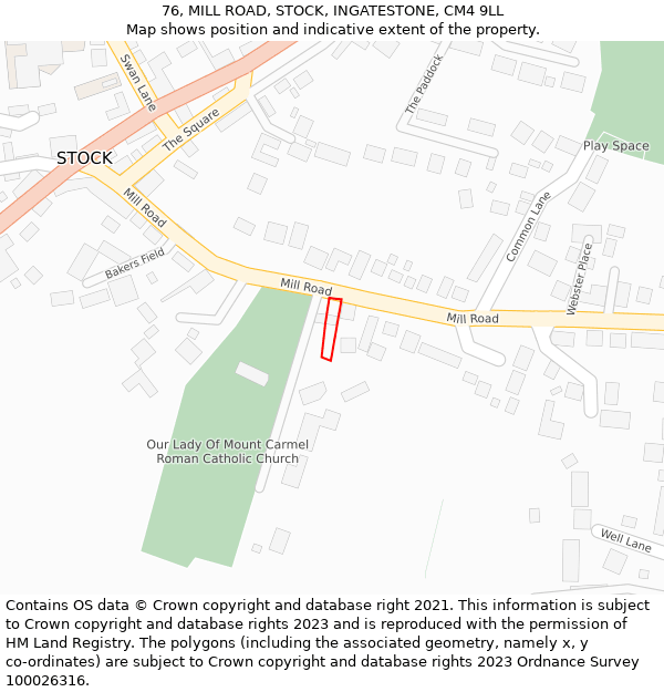 76, MILL ROAD, STOCK, INGATESTONE, CM4 9LL: Location map and indicative extent of plot