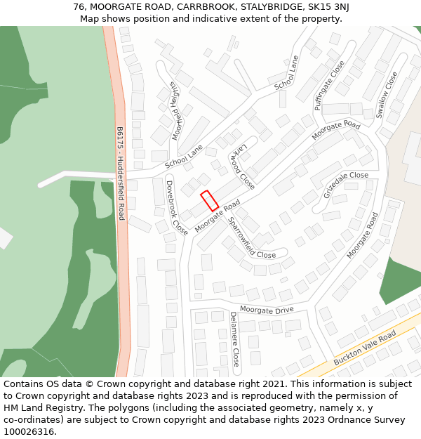 76, MOORGATE ROAD, CARRBROOK, STALYBRIDGE, SK15 3NJ: Location map and indicative extent of plot