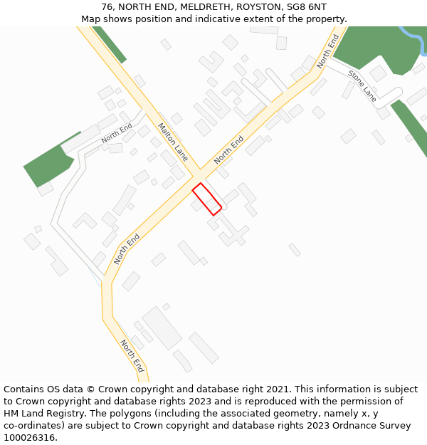 76, NORTH END, MELDRETH, ROYSTON, SG8 6NT: Location map and indicative extent of plot