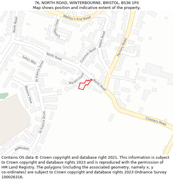 76, NORTH ROAD, WINTERBOURNE, BRISTOL, BS36 1PX: Location map and indicative extent of plot