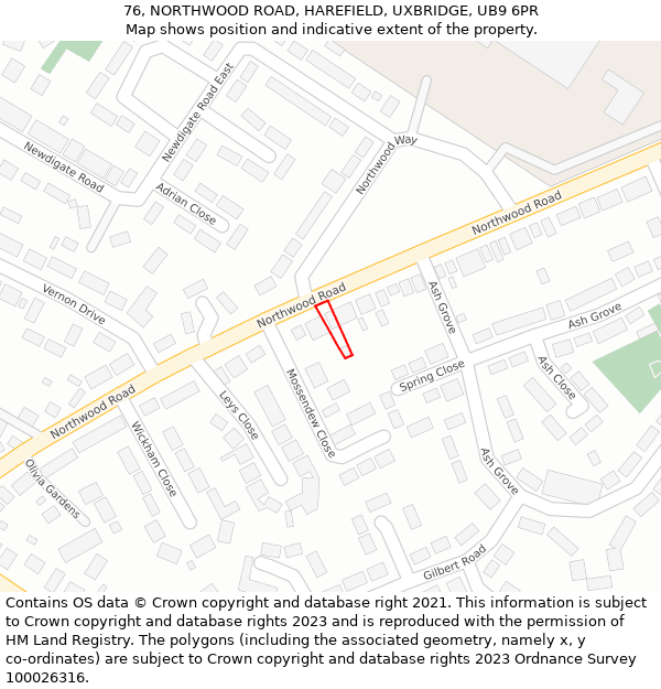 76, NORTHWOOD ROAD, HAREFIELD, UXBRIDGE, UB9 6PR: Location map and indicative extent of plot