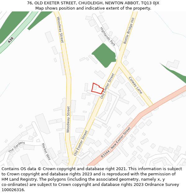 76, OLD EXETER STREET, CHUDLEIGH, NEWTON ABBOT, TQ13 0JX: Location map and indicative extent of plot