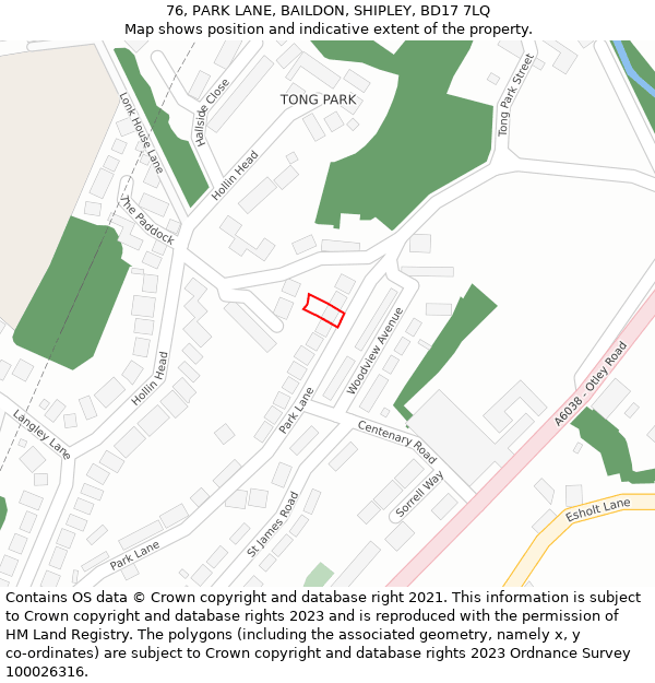 76, PARK LANE, BAILDON, SHIPLEY, BD17 7LQ: Location map and indicative extent of plot