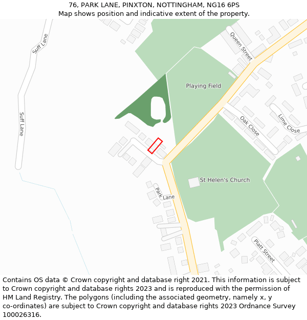 76, PARK LANE, PINXTON, NOTTINGHAM, NG16 6PS: Location map and indicative extent of plot