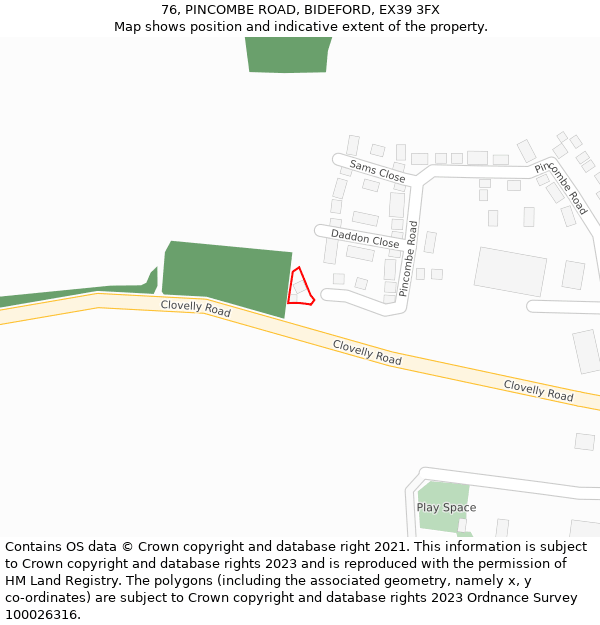 76, PINCOMBE ROAD, BIDEFORD, EX39 3FX: Location map and indicative extent of plot