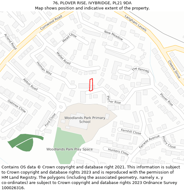 76, PLOVER RISE, IVYBRIDGE, PL21 9DA: Location map and indicative extent of plot