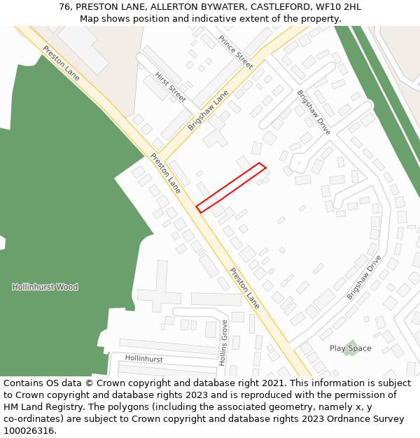76, PRESTON LANE, ALLERTON BYWATER, CASTLEFORD, WF10 2HL: Location map and indicative extent of plot