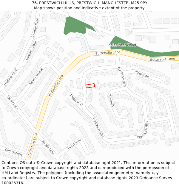 76, PRESTWICH HILLS, PRESTWICH, MANCHESTER, M25 9PY: Location map and indicative extent of plot