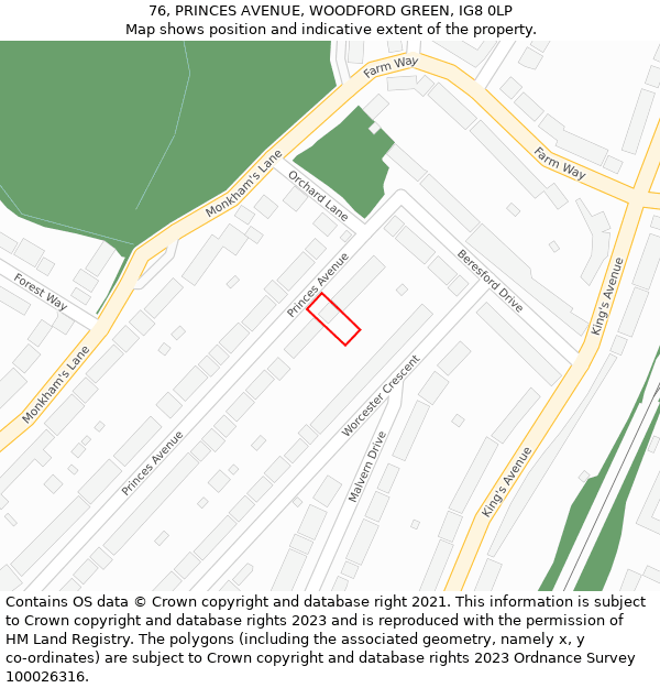 76, PRINCES AVENUE, WOODFORD GREEN, IG8 0LP: Location map and indicative extent of plot
