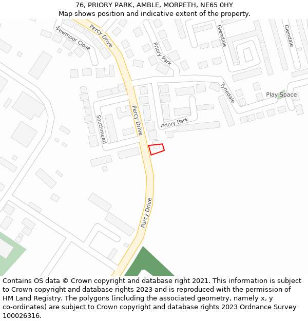 76, PRIORY PARK, AMBLE, MORPETH, NE65 0HY: Location map and indicative extent of plot