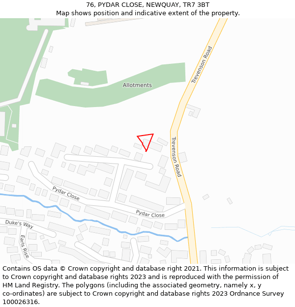 76, PYDAR CLOSE, NEWQUAY, TR7 3BT: Location map and indicative extent of plot