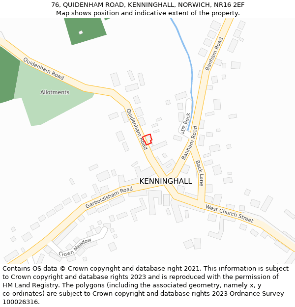 76, QUIDENHAM ROAD, KENNINGHALL, NORWICH, NR16 2EF: Location map and indicative extent of plot