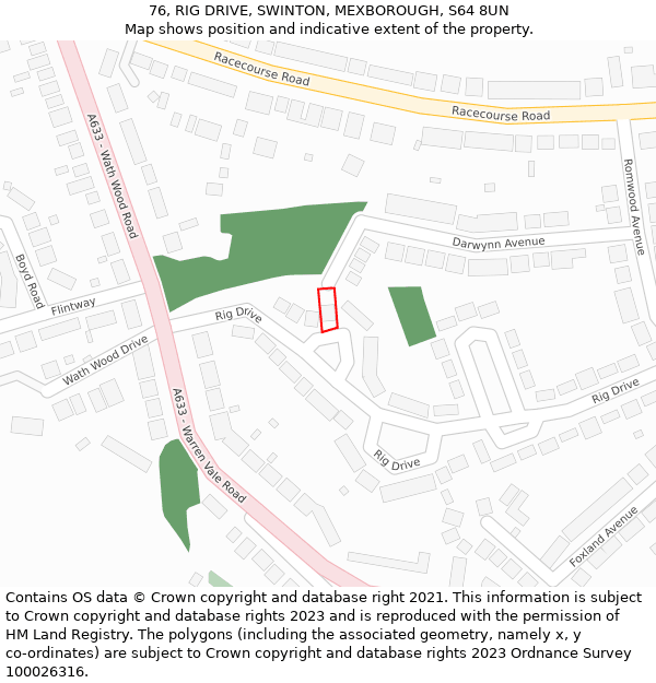 76, RIG DRIVE, SWINTON, MEXBOROUGH, S64 8UN: Location map and indicative extent of plot