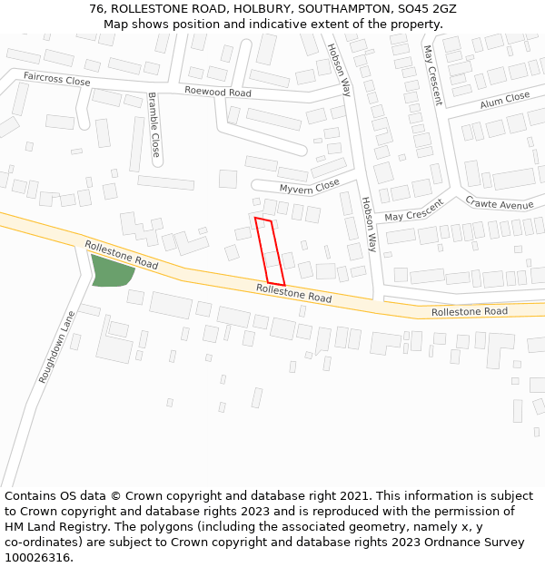 76, ROLLESTONE ROAD, HOLBURY, SOUTHAMPTON, SO45 2GZ: Location map and indicative extent of plot