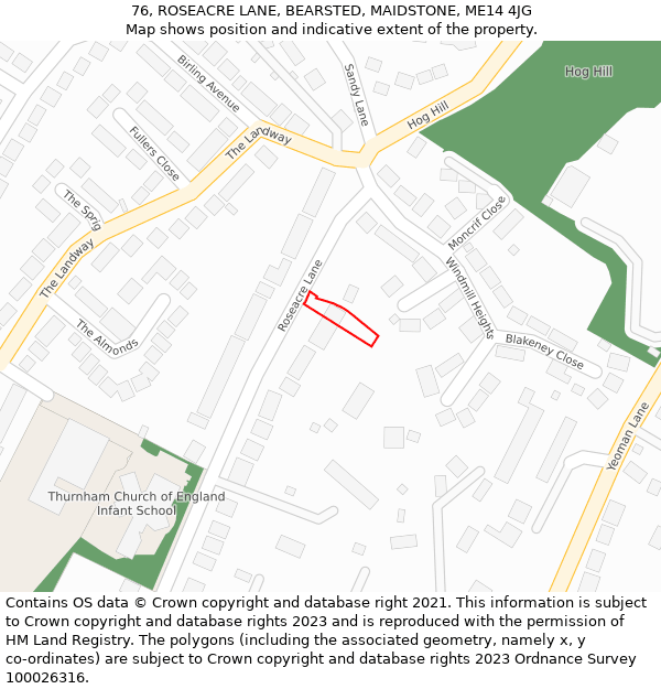 76, ROSEACRE LANE, BEARSTED, MAIDSTONE, ME14 4JG: Location map and indicative extent of plot