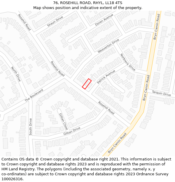 76, ROSEHILL ROAD, RHYL, LL18 4TS: Location map and indicative extent of plot