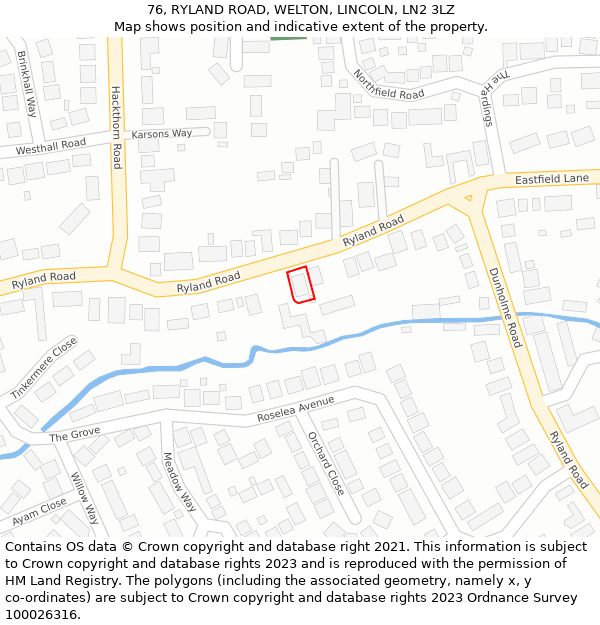 76, RYLAND ROAD, WELTON, LINCOLN, LN2 3LZ: Location map and indicative extent of plot
