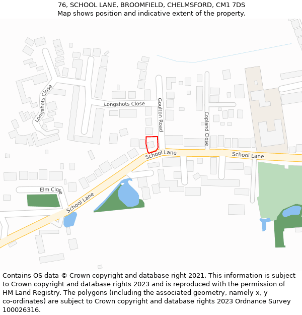 76, SCHOOL LANE, BROOMFIELD, CHELMSFORD, CM1 7DS: Location map and indicative extent of plot