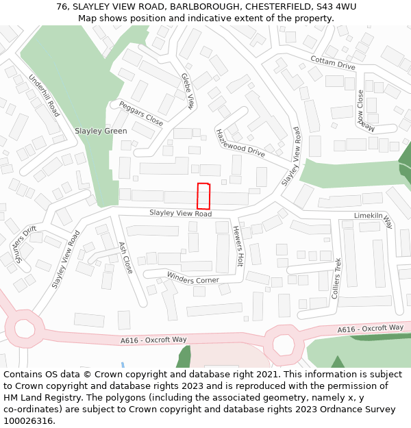 76, SLAYLEY VIEW ROAD, BARLBOROUGH, CHESTERFIELD, S43 4WU: Location map and indicative extent of plot