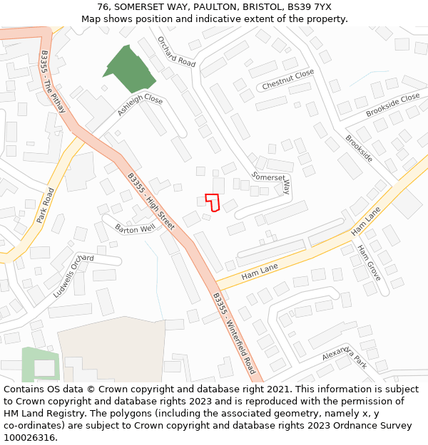 76, SOMERSET WAY, PAULTON, BRISTOL, BS39 7YX: Location map and indicative extent of plot