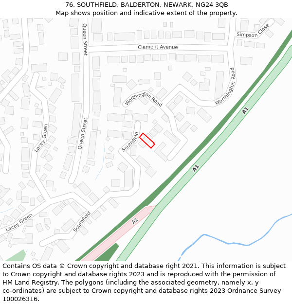 76, SOUTHFIELD, BALDERTON, NEWARK, NG24 3QB: Location map and indicative extent of plot