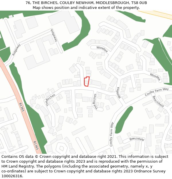 76, THE BIRCHES, COULBY NEWHAM, MIDDLESBROUGH, TS8 0UB: Location map and indicative extent of plot